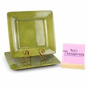 Artimino CIAO 11 Saga Green Handpainted Square Earthenware Dinner Plates Set 2